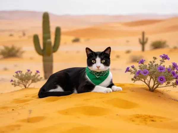 沙漠沙丘上的黑白短毛家猫