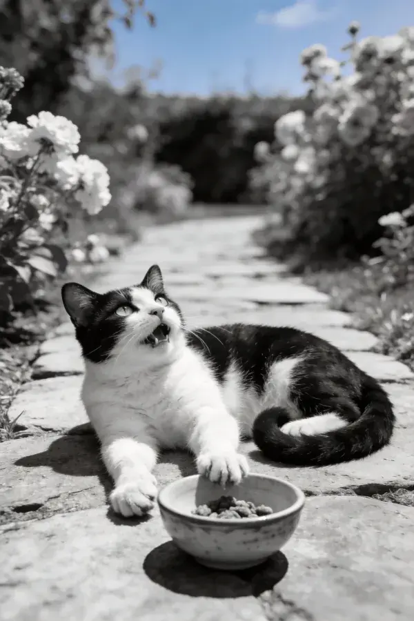 黑白短毛家猫于花园石径进食场景