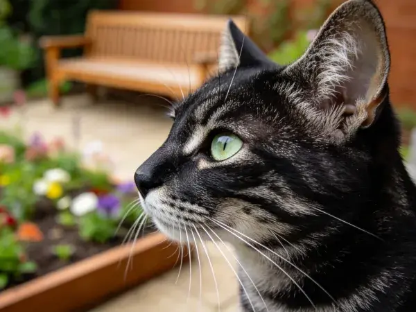 花园中短毛虎斑猫凝视场景