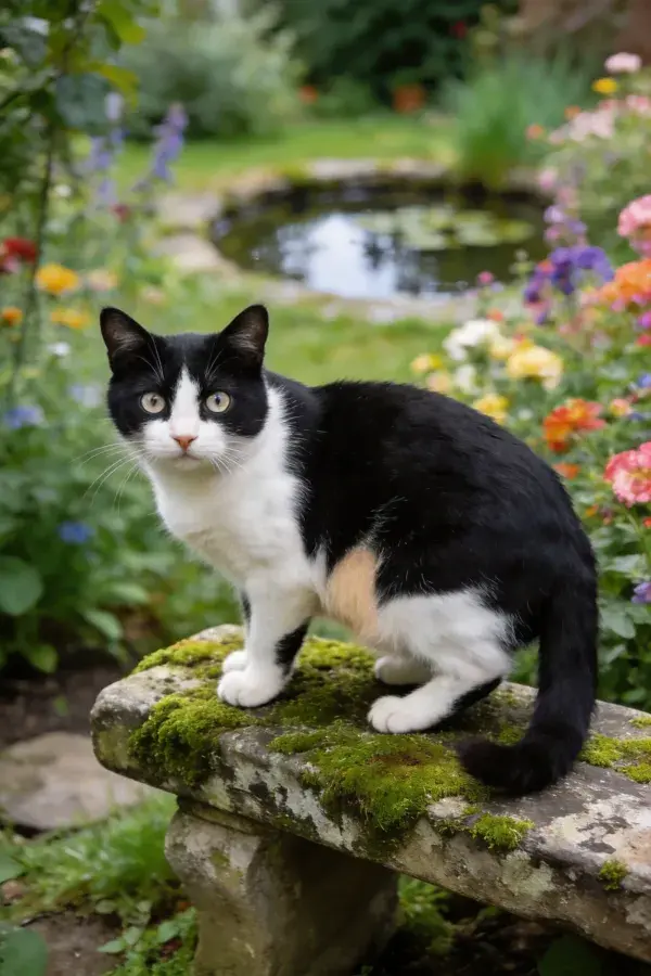 花园水池边的三色短毛家猫
