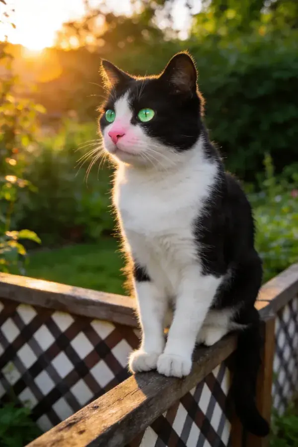 黑白短毛家猫在木栅栏上的状态捕捉