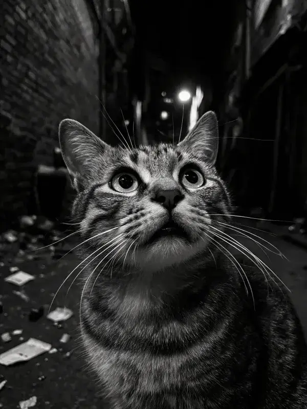 短毛虎斑猫在巷道仰望
