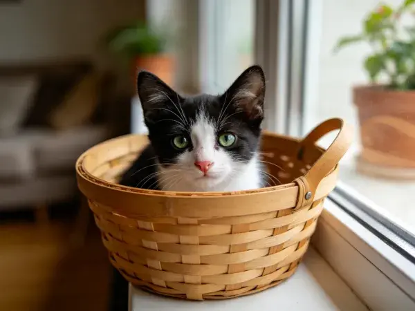 篮中黑白短毛家猫观察窗外