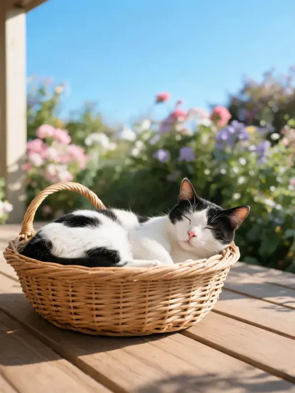 庭院篮筐内的黑白短毛家猫休憩景象