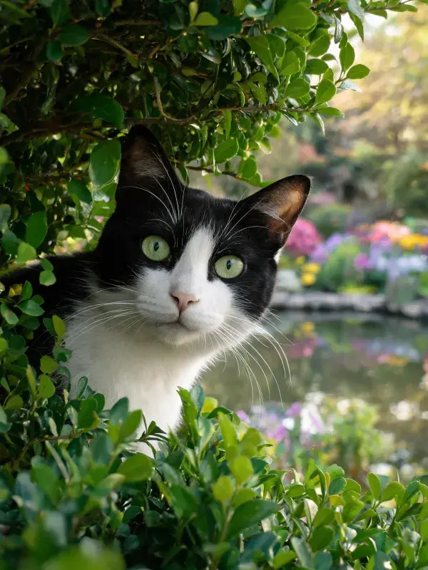 黑白短毛家猫在园林角落的探望姿态