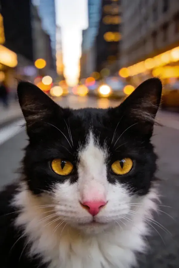 城市街道夜景中黑白短毛家猫特写