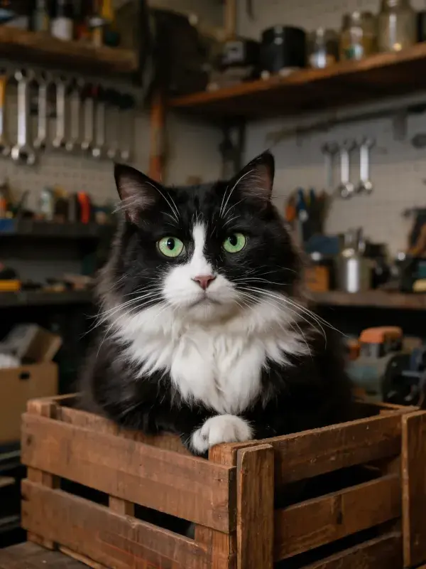 黑白长毛家猫在木质容器内的状态