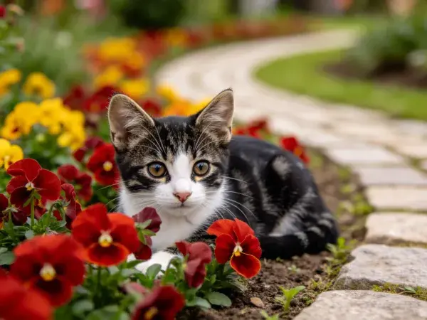 花园石板旁的黑白色短毛家猫