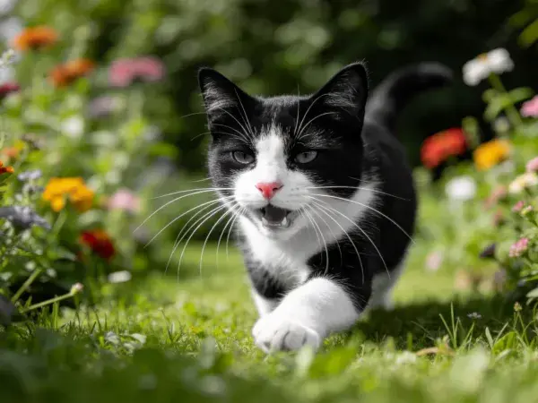 阳光花园里的黑白短毛家猫