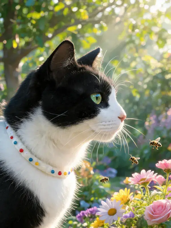阳光花园里的黑白短毛家猫