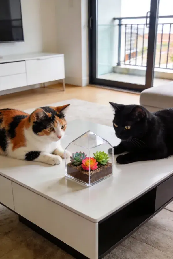 阳光室内的双猫注视多肉景观