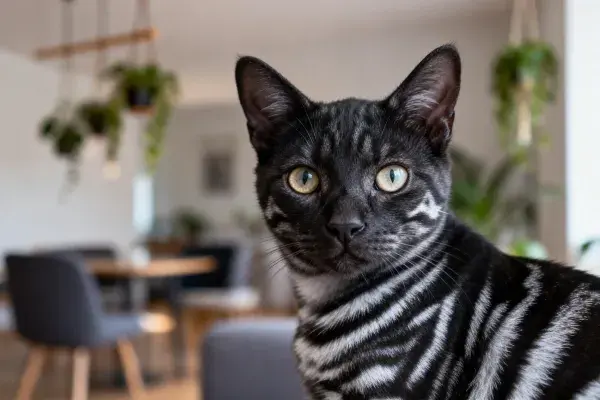室内暖光下银黑相间的孟加拉猫特写场景