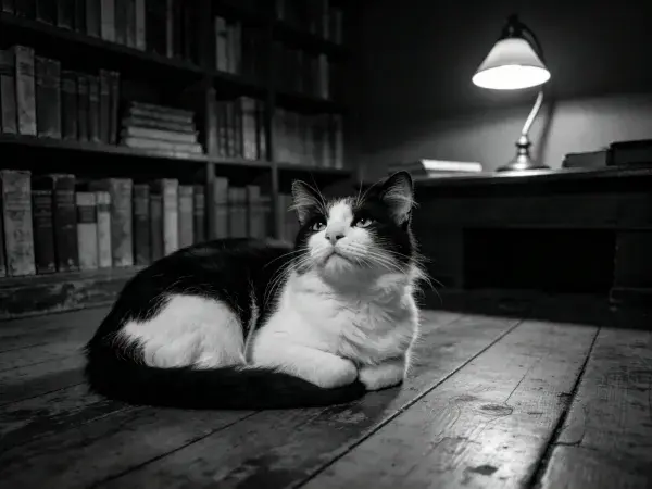 书房中黑白相间的短毛家猫