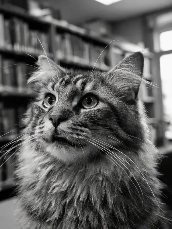 缅因猫在图书馆内抬头凝视