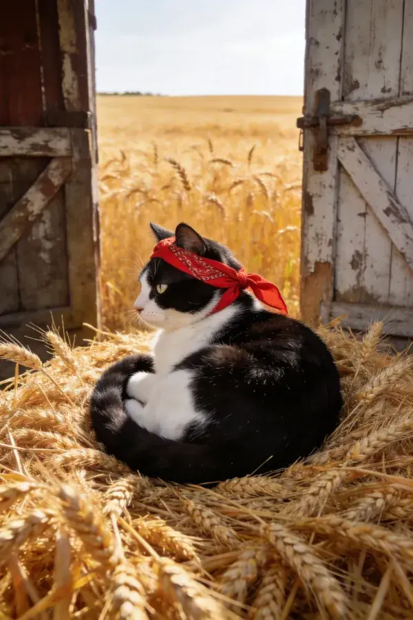 红头巾包裹的黑白短毛家猫卧于麦穗堆中