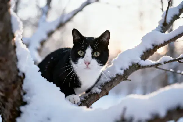 黑白短毛家猫栖息雪枝