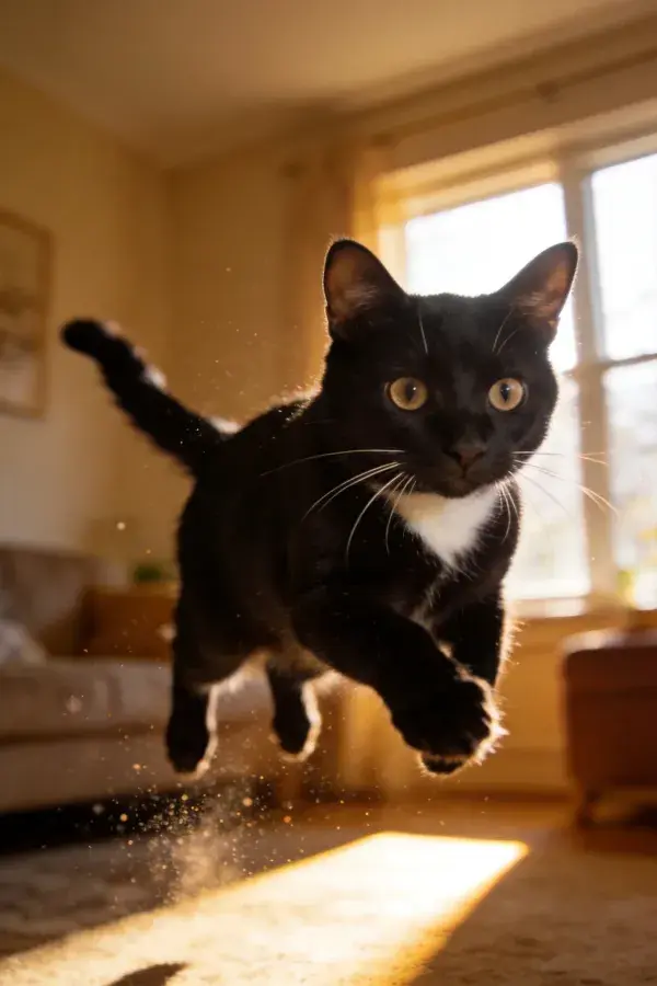 阳光下黑白短毛家猫跃动瞬间