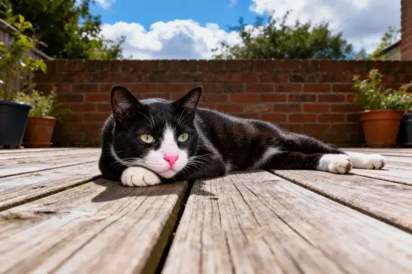 黑白相间短毛家猫在木质露台的休憩状态
