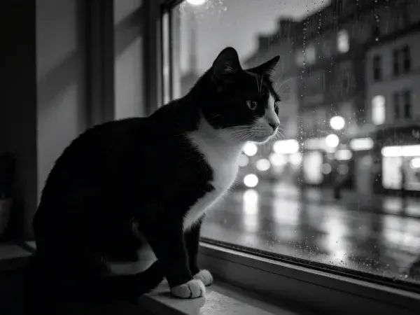 窗台上看向雨夜的短毛家猫