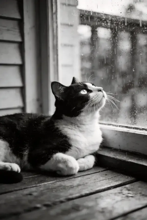 黑白短毛家猫倚窗眺望