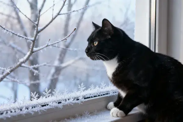 窗边霜晶下黑白短毛家猫凝望户外