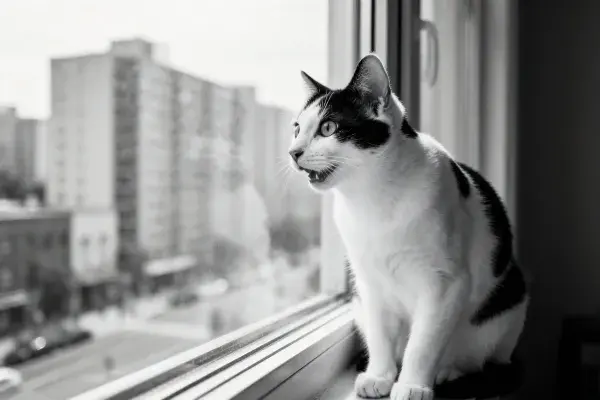 城市窗边黑白短毛猫观察景象