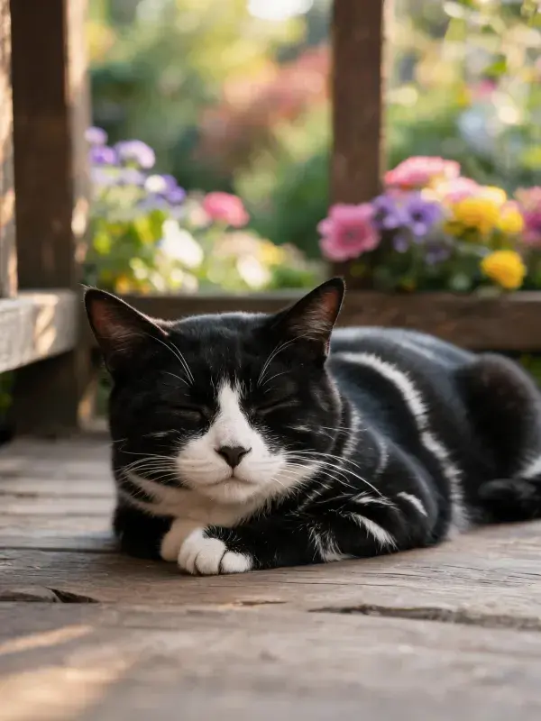 黑白短毛家猫在木质平台上的休憩