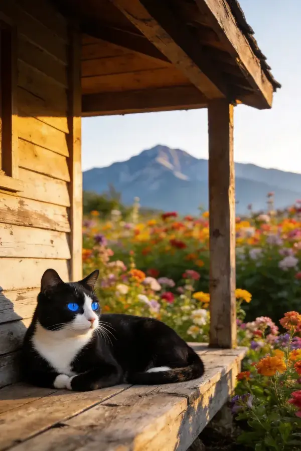 黑白短毛家猫静卧木廊眺望