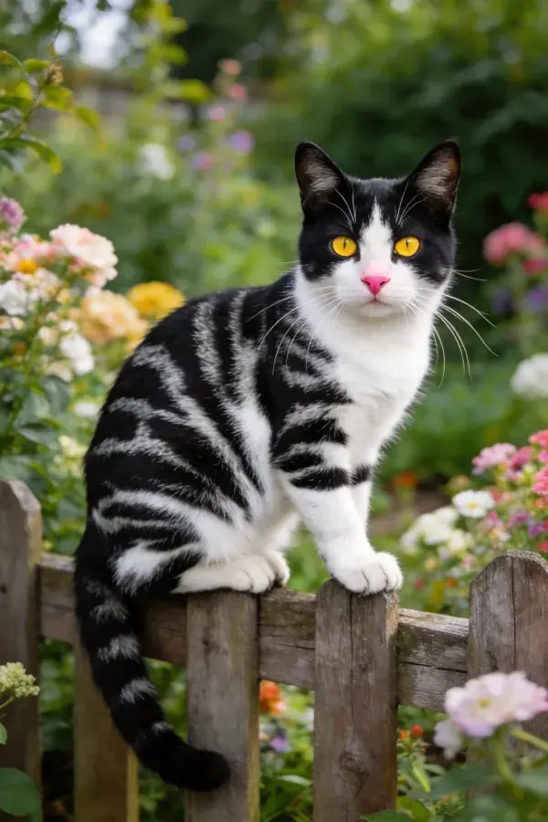 黑白短毛家猫栖息木栅栏旁的花园场景