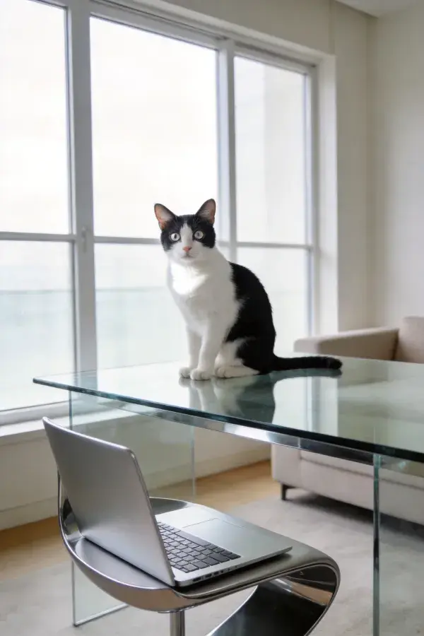 黑白短毛家猫静坐玻璃桌