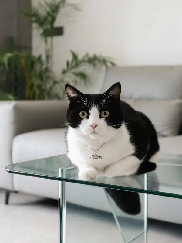 现代客厅中黑白短毛家猫的安静姿态