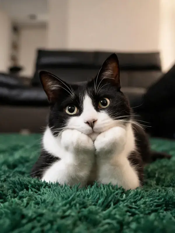 客厅绿毯上的黑白短毛家猫