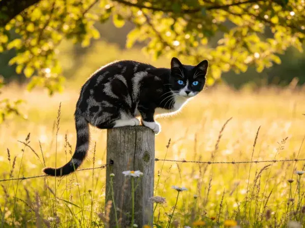 草地围栏柱上的花斑短毛家猫