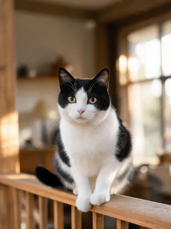 室内木质栏杆上的黑白短毛家猫