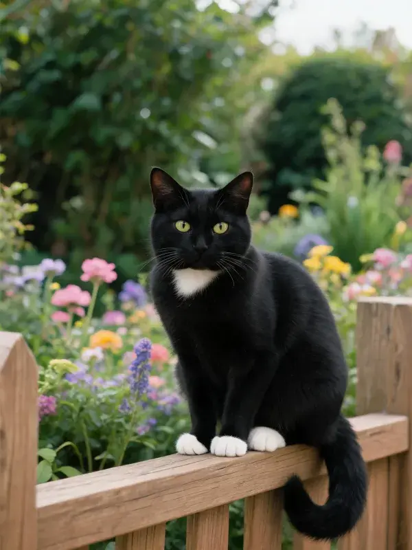 花园木栅栏上的黑白花短毛家猫