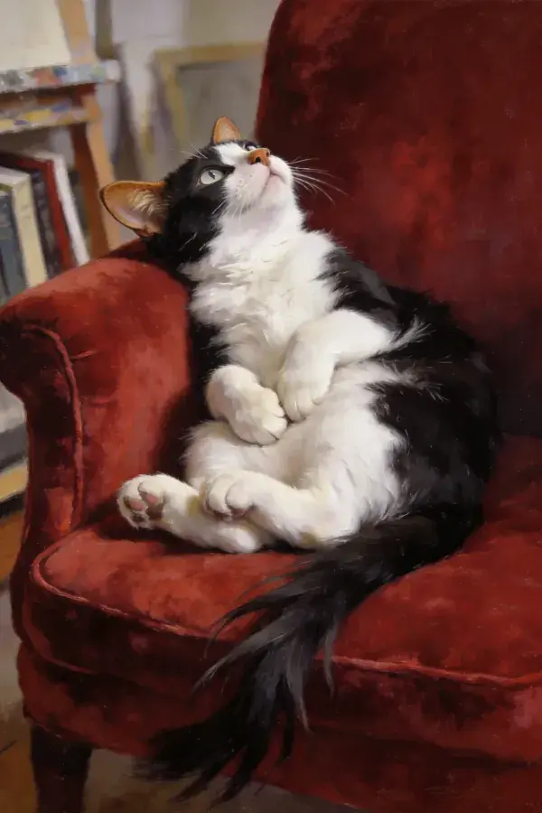 黑白短毛家猫倚红色沙发