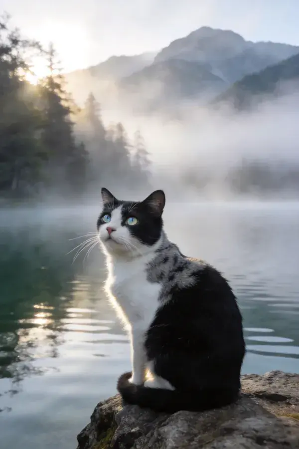 黑白短毛家猫坐岩石眺望远山湖泊