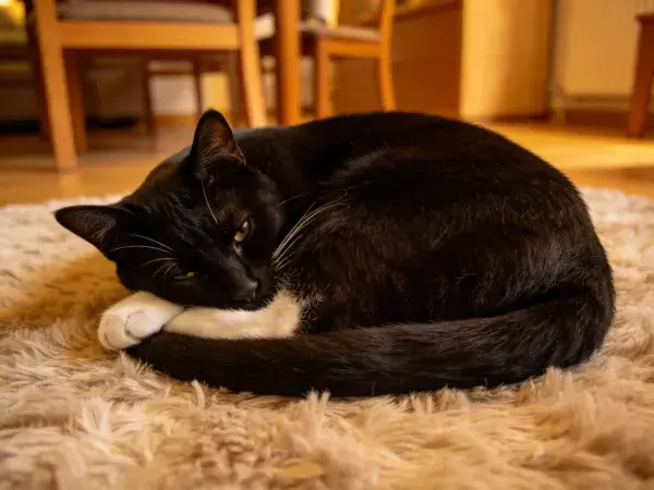 室内暖光下黑白短毛家猫休憩场景