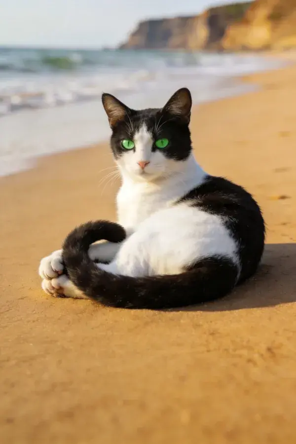 露天沙滩上的黑白短毛家猫