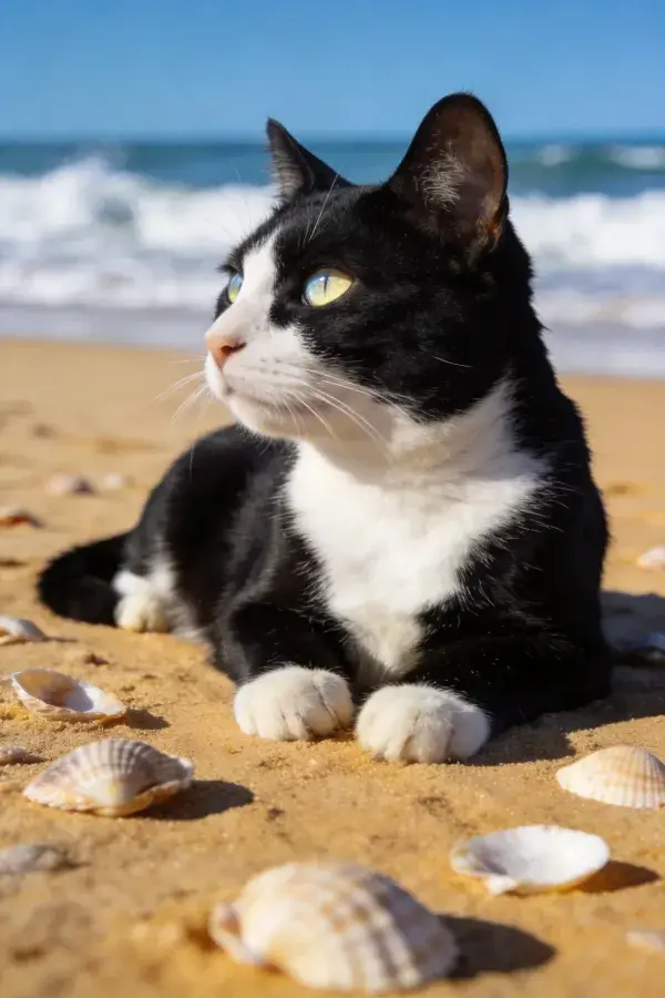 沙滩沙地上的黑白短毛家猫
