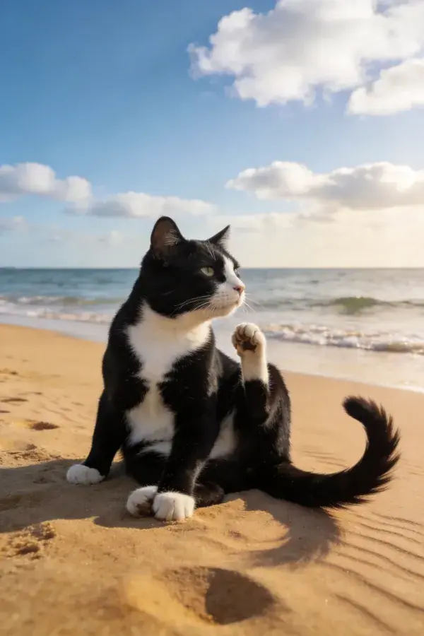 海滩沙地上的黑白短毛家猫