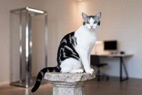 青灰白相间短毛家猫在石柱上的状态