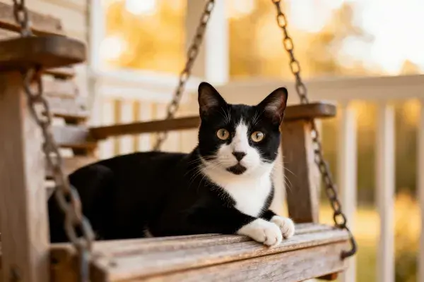 户外木质秋千上的黑白短毛家猫