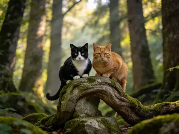 阴凉处岩石上的两只短毛家猫