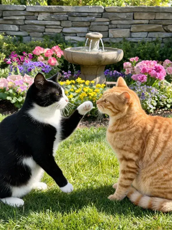 庭院花草间猫猫互动景象