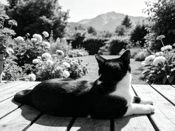 黑白短毛家猫躺卧木平台