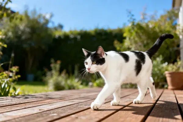 黑白短毛家猫在木制露台移动瞬间