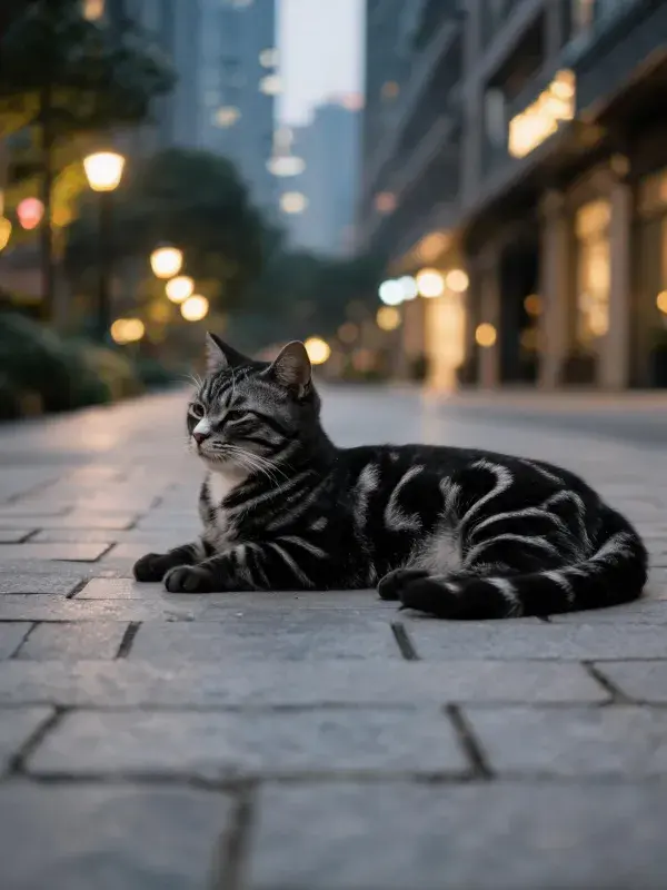 铺砖地面上的虎斑美国短毛猫