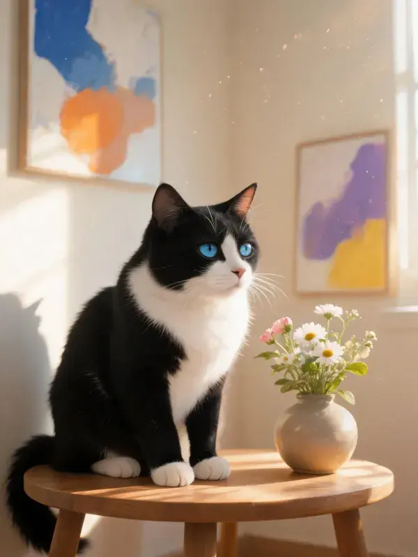 阳光明亮室内木质桌上的黑白短毛猫图景