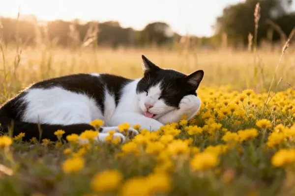 草地黄花间的短毛黑白家猫